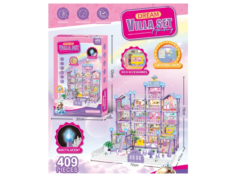 Luminous Diy Princess Villa House Play Castle Set (Diy Assembled Girl Dream House Mansion) 219Pcs