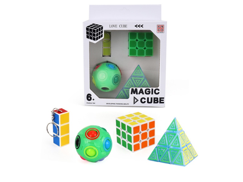 First-Order Rubik'S Cube With Keychain (Uv Printing) + Third-Order Luminous Rubik'S Cube 5.5Cm (Heat Transfer Printing) + Luminous Rainbow Ball (With Bearing) + Third-Order Pyramid (Uv Printing)