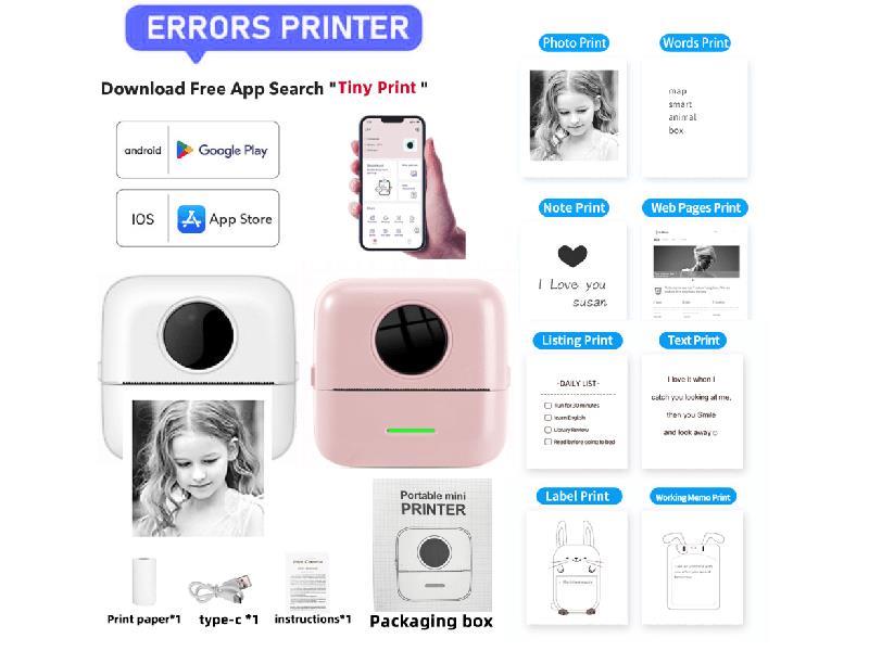 Mini Label Photo Thermal Printer, Mobile App Bluetooth Connection, Black And White Printing