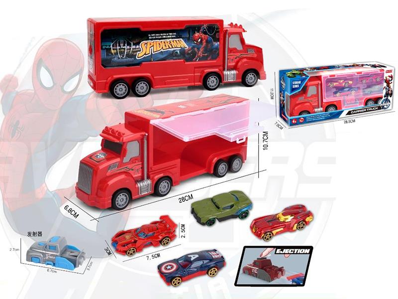 Friction Storage Spider-Man Carrier Truck + 4pcs 7.5cm Slide Alloy Cars + Launcher