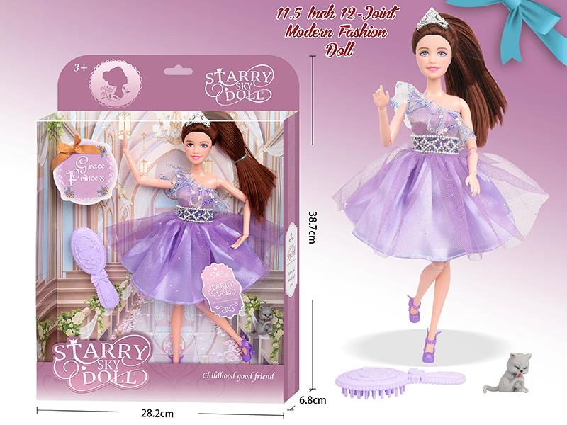 11.5 Inch 12-Joint Modern Fashion Doll With Comb, Crown, Cat