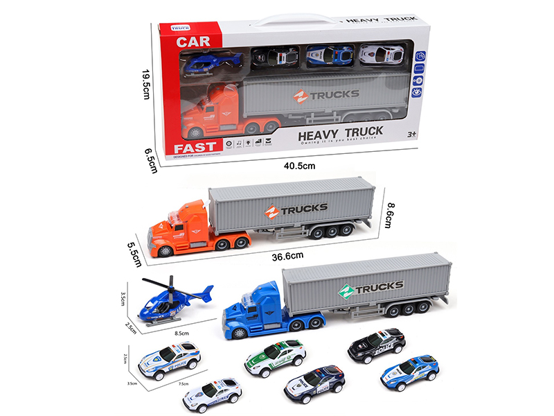 Friction Container Car With Sound And Light + 1 Helicopter + 3 Pull Back Iron Cars