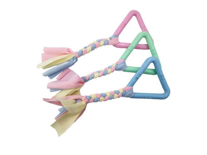 A Triangular Pet Toy Made Of Cloth Strips