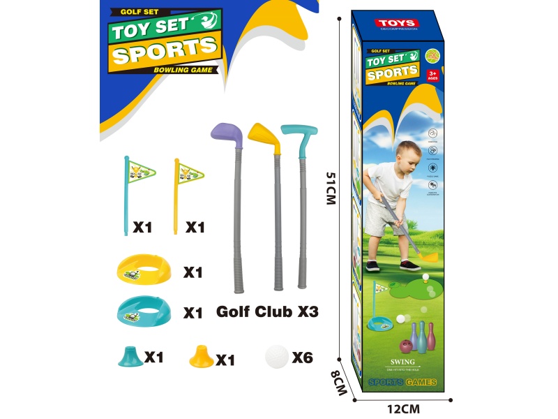 Three Golf Clubs + Two Sets Of Flag Holes And Six Balls