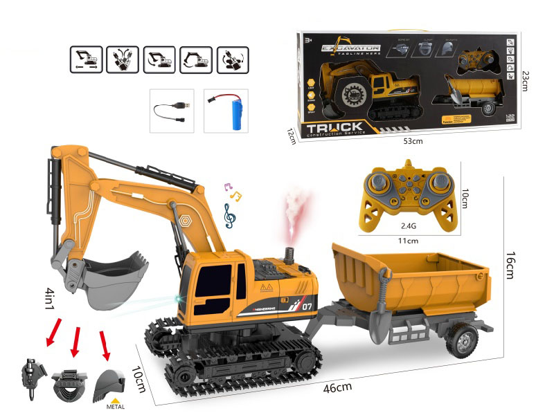 1:22 11CH R/C 4 In 1 Engineering Truck With Lights And Music, Spray + Tipping Trailer