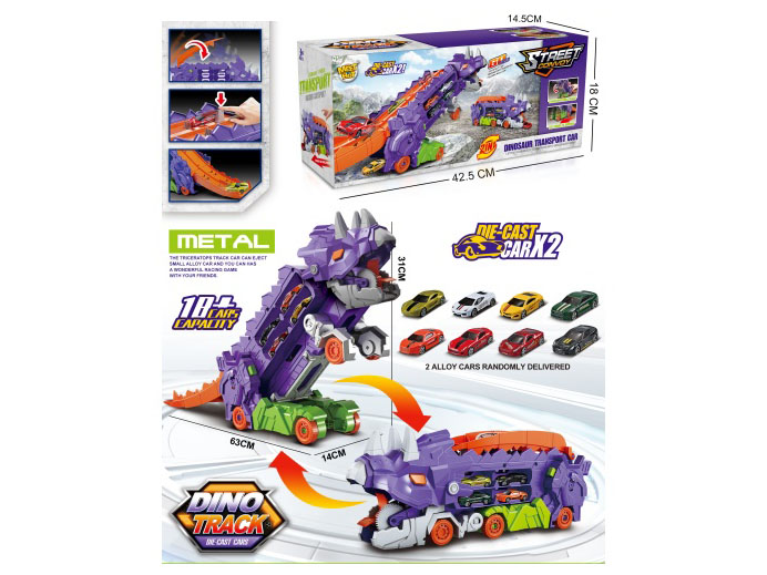 Dinosaur storage transformation competition Swallowing Catapult track container truck equipped with 2 alloy trucks