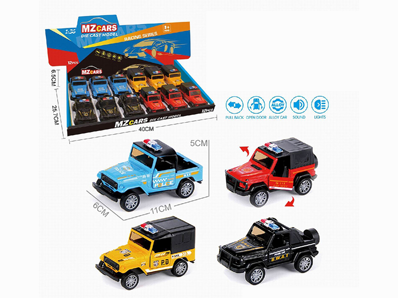 1:36 Pull Back Alloy Open Door Off-Road Police Cars(With Sound And Lights) 12pcs