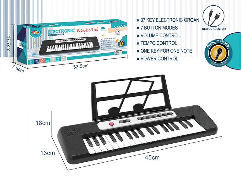 37-Key Multifunctional Electronic Organ(Black)With TypeC Connector, With Music Stand