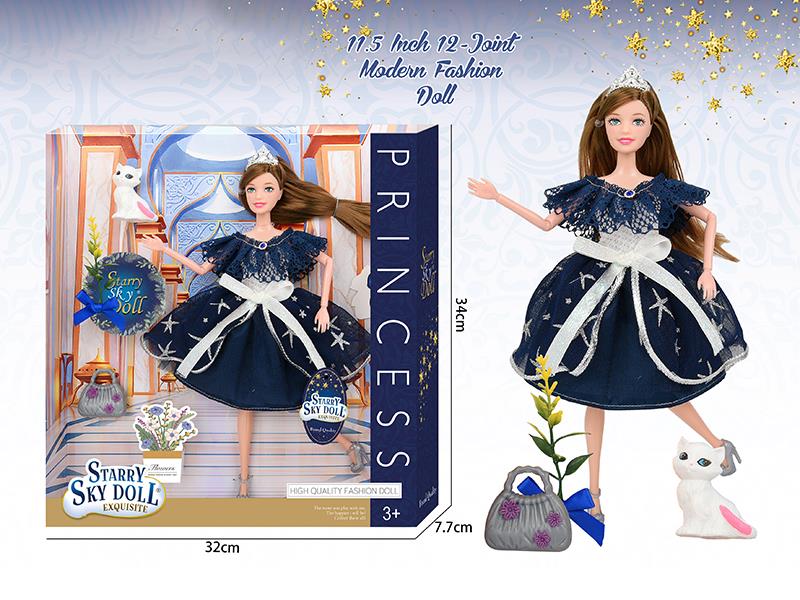11.5 Inch 12-Joint Fashion Doll With Handbag, Bouquet, Soft Plastic Cat, Crown