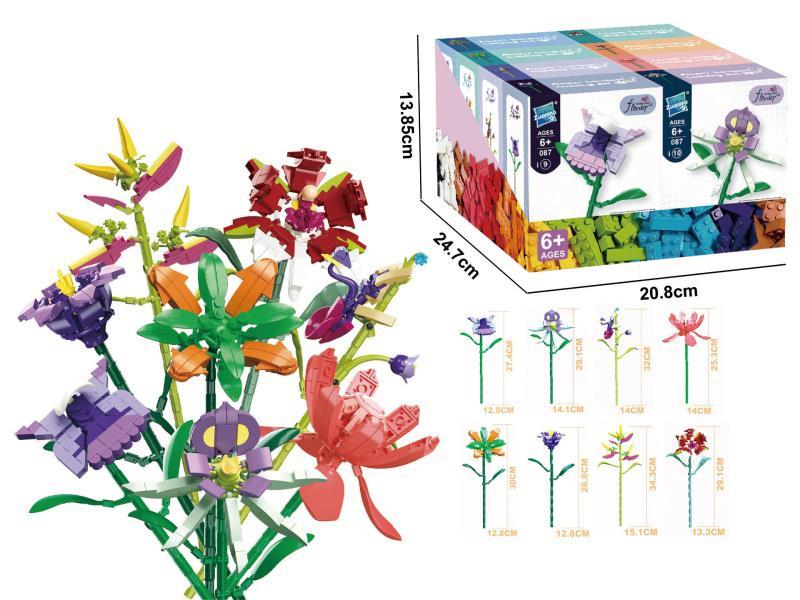 Eight-In-One Flower Bouquet Building Blocks: Butterfly Orchid/Octopus Orchid/Flying Duck Orchid/Torch Ginger Flower/Whale Flower/Wine Glass Flower/Scorpion Tail Banana/Ballet Orchid, 258 Pieces