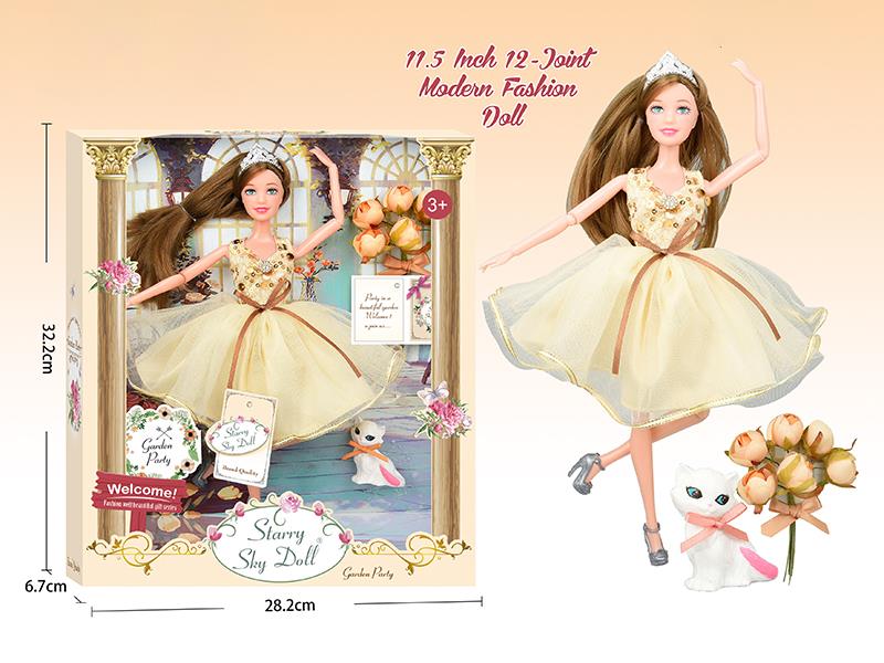 11.5 Inch 12-Joint Modern Fashion Doll With Bouquet, Crown, Pet Cat, Wish Card
