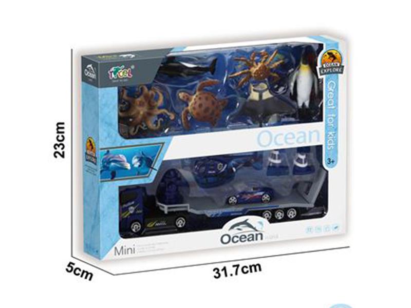 6 Simulated Sea Animals With Alloy Police Trailer Set
