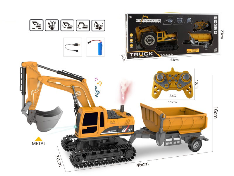 1:22 11CH R/C Excavator(Alloy Head) With Lights And Music, Spray + Tipping Trailer