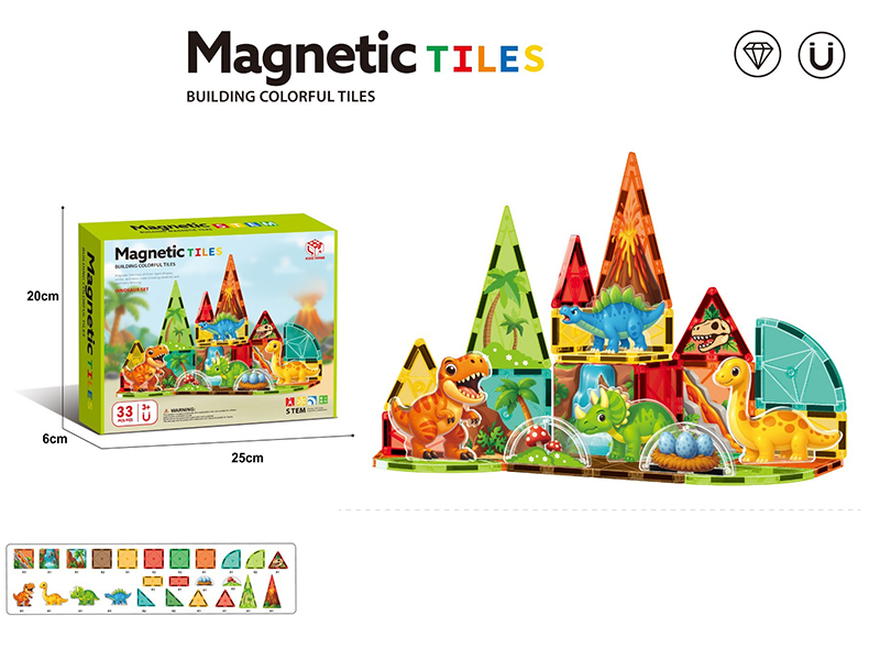 7.5cm Dinosaur Park Series Magnetic Tiles Building Blocks 33pcs