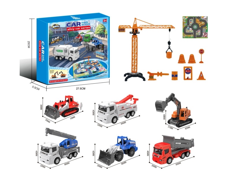 1:64 City Alloy Car Set A/6 Model (Crane Tower/Road Sign/Map)
