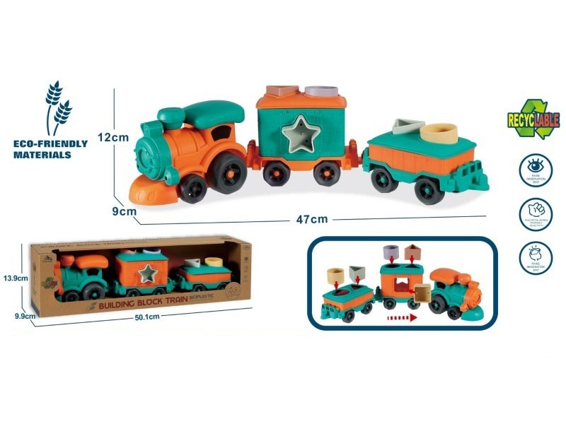 Lighting And Sound - Straw Material Sliding Cartoon Locomotive Hanging Carriages (Geometric Grain-Shaped Blocks *6)