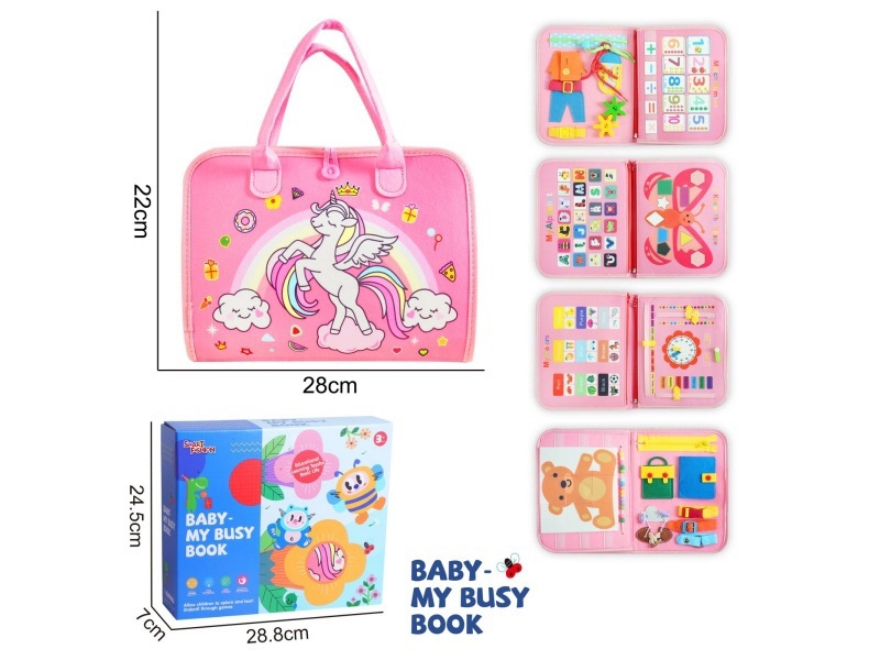 Montessori Early Childhood Education And Intelligence - A 5-Page Pink Unicorn Busy Book Made Of Felt