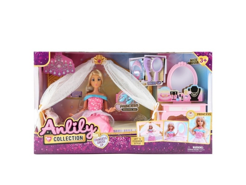 11.5-Inch Solid Body Doll Princess Bed Set (Brown Skin)