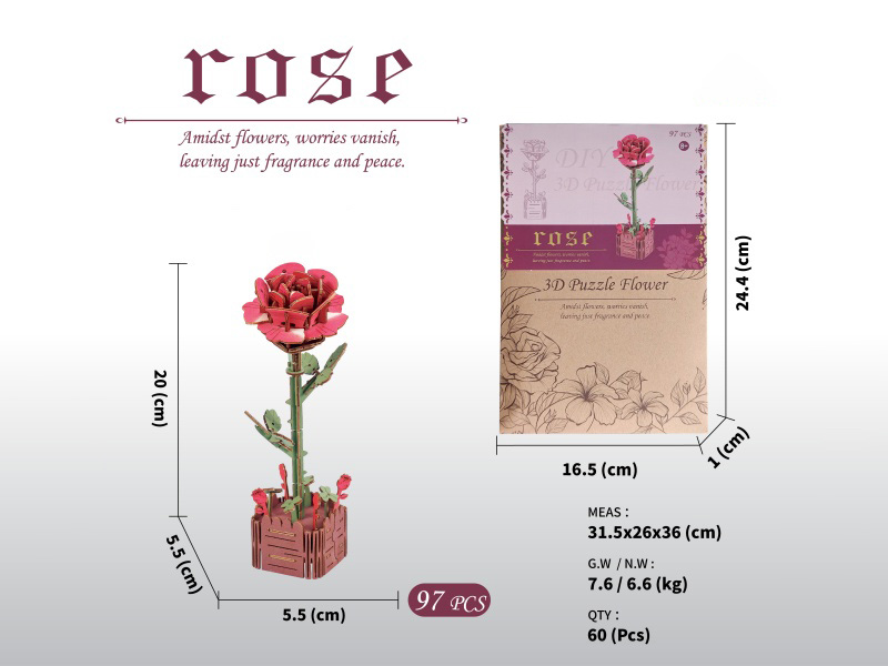 Diy 3D Wooden/Wooden Flower/Assembled Flower/Wooden Model Assembled Flower/Rose