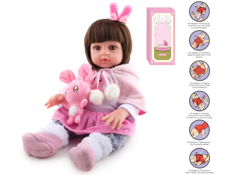 45cm Soft Plastic Reborn Doll(Wig Sheath)With Feeding-Bottle, Magnetic Pacifier, Diaper, Birth Card, Rabbit, With Gravity Sensing Function