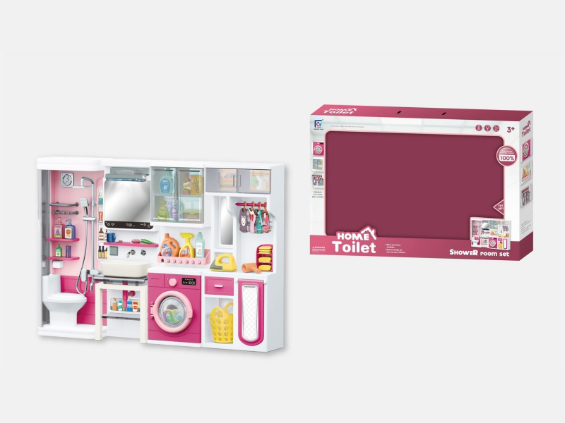 Pink Bathroom House Play Toys - Shower Room + Washbasin + Wardrobe + Ironing Board