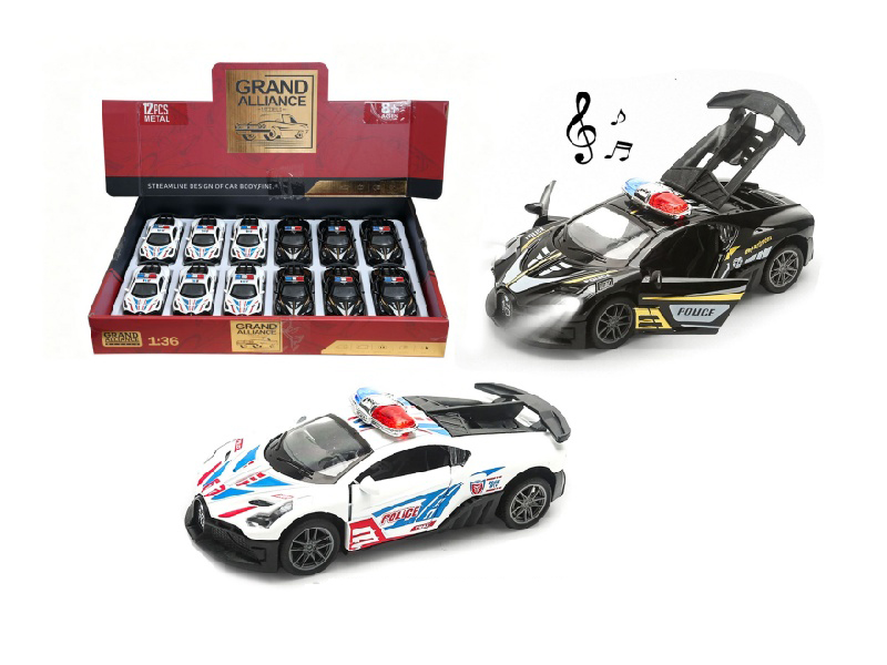 1:36 Huili Alloy Car Model - Bugatti Police Car With Lights, Music, Black And White Mixed Set (12 Pieces/Display Box)