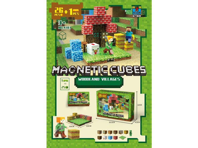 Woodland Villages Magnetic Cubes Building Blocks(26pcs + 1 Base Plate)