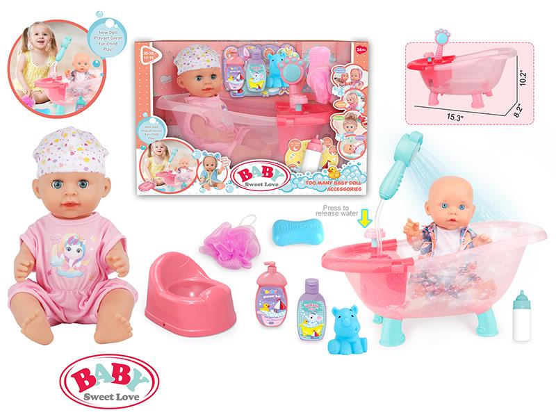 14寸Plastic Baby Doll(No IC)+Bathtub+Shampoo Bottle+Bath Bottle+Soap+Bath Ball+Baby Bottle+Toilet+Vinyl Small Animal