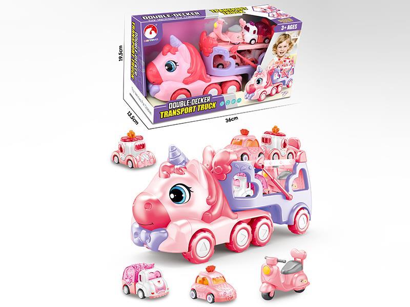 Friction Unicorn Double-Decker Transport Truck(Sound And Lights) + 3 Pull Back Cars + 1 Pull Back Motorcycle