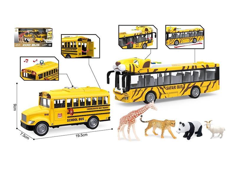 Friction Bus(Lights, Sound) + Friction School Bus(Lights, Sound) + Animals Set