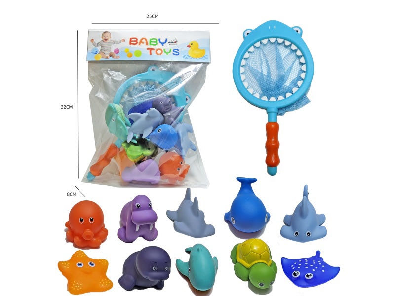 Shark Fishing Net + Soft Rubber Single-Color-Changing Ocean Set (11-Piece Set) Cross-Border Bathroom Fish Fishing Toys, Bathing Toys, Fish Fishing And Bathing Toys, Water Play Children'S Rubber Animal