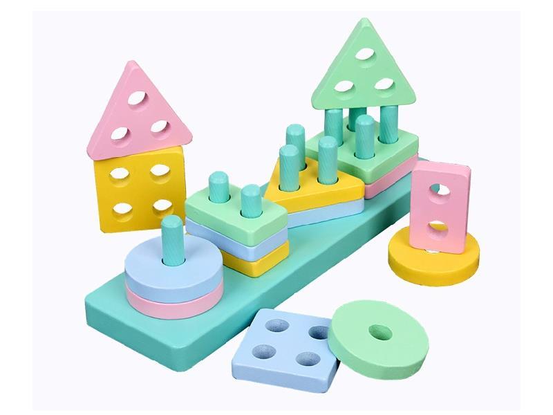 Four Sets Of Wooden Macaron Long Column Building Blocks Are Paired