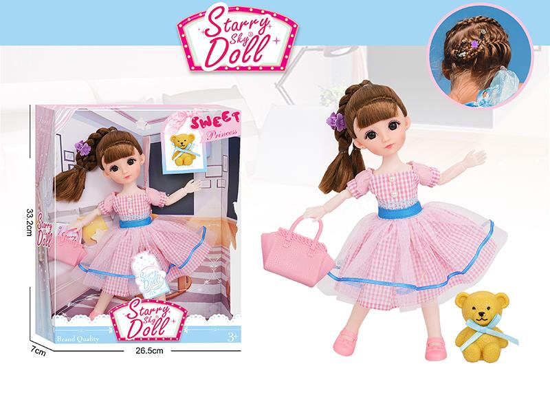 12 Inch 11-Joints Fashion Doll With Hair Clip, Bear, Handbag