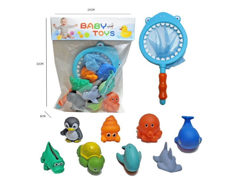 Shark Fishing Net + Soft Rubber Ocean Set (9-Piece Set) Cross-Border Bathroom Fish Fishing Toys, Bathing Toys, Fish Fishing And Bathing Toys, Water Play Children'S Rubber Animal Toys