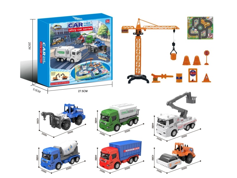 1:64 City Alloy Car Set A/6 Model (Crane Tower/Road Sign/Map)