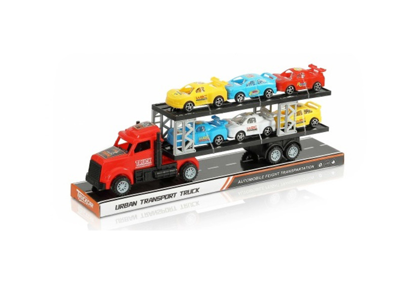 An Inertial American Tractor Truck Is Carrying Six Racing Cars
