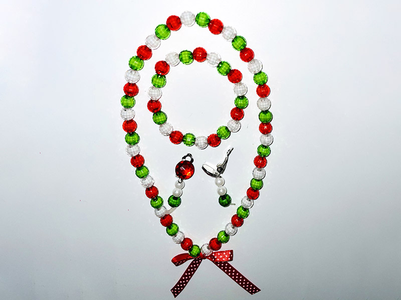 Christmas Beaded Necklace + Bracelet + Clip-On Earrings