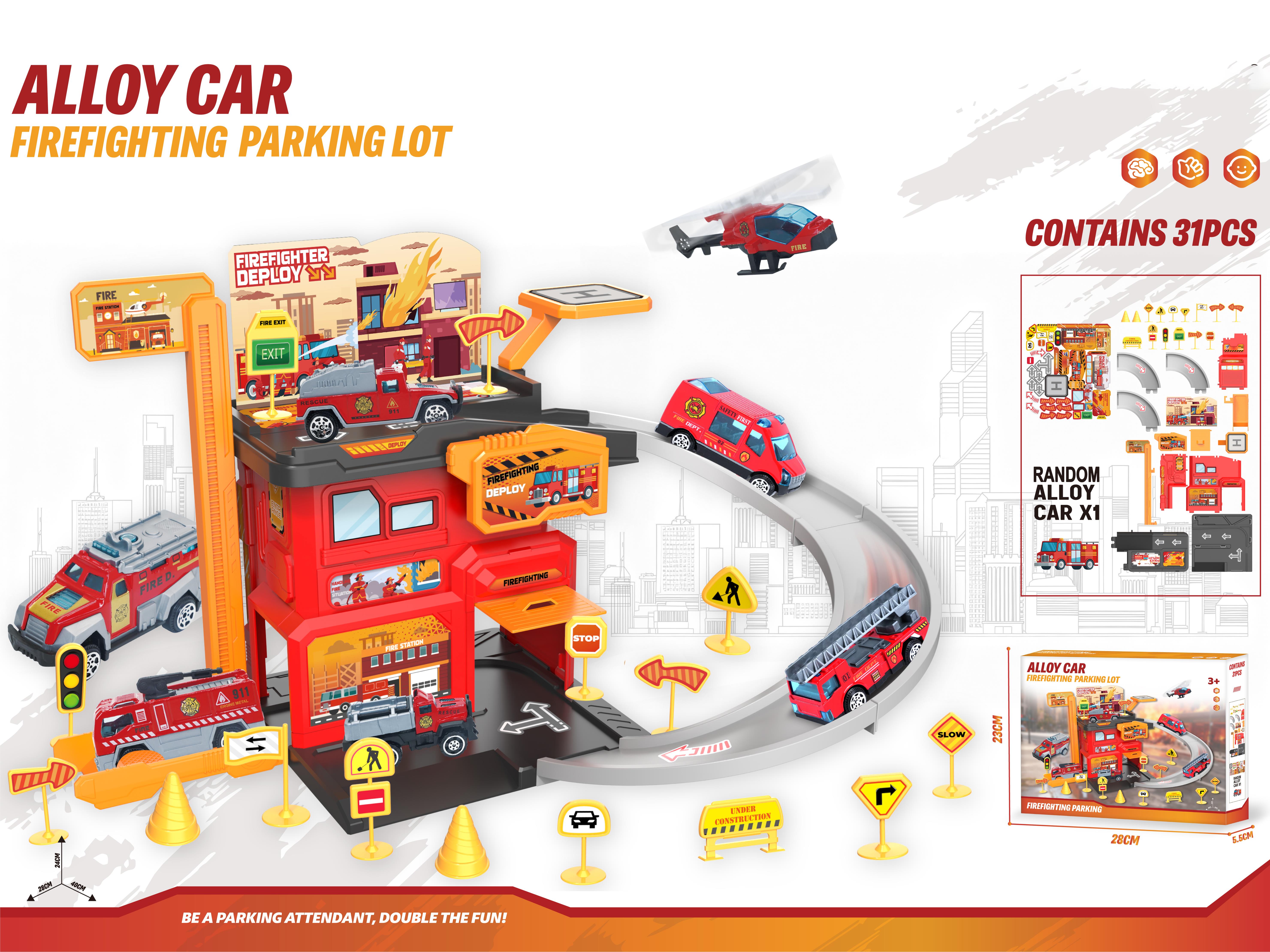 Play House Alloy Fire Parking Lot (With 1 Gold Car) (With 1 Set Of Road Signs) (31 Pieces)