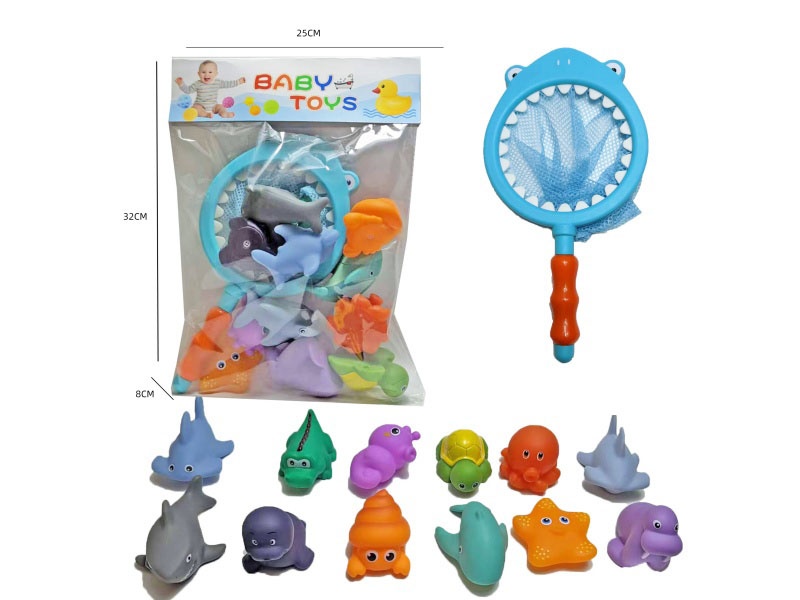 Shark Fishing Net + Soft Rubber Double-Color-Changing Ocean Set (13-Piece Set) Cross-Border Bathroom Fish Fishing Toys, Bathing Toys, Fish Fishing And Bathing Toys, Water Play Children'S Rubber Animal
