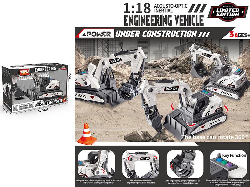 1:18 Friction Engineering Truck With Sound And Lights - Excavator, Rock Breaker Excavator, Timber Grabber Excavator