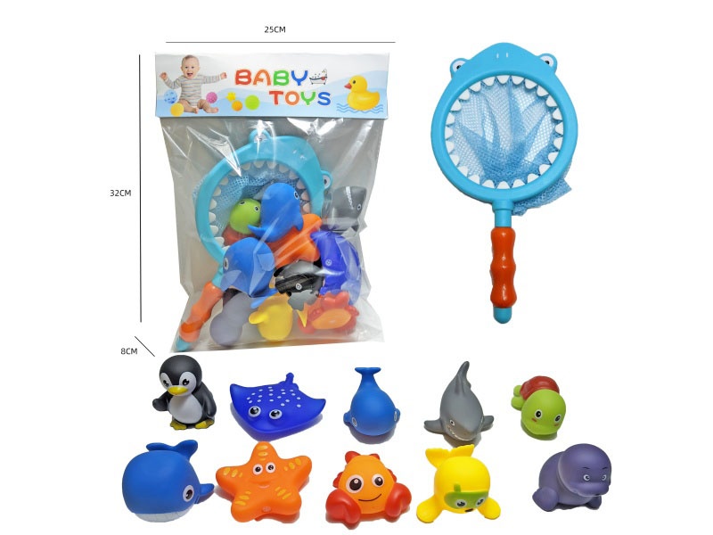 Shark Fishing Net + Soft Rubber Ocean Set (11-Piece Set) Cross-Border Bathroom Fish Fishing Toys, Bathing Toys, Fish Fishing And Bathing Toys, Water Play Children'S Rubber Animal Toys