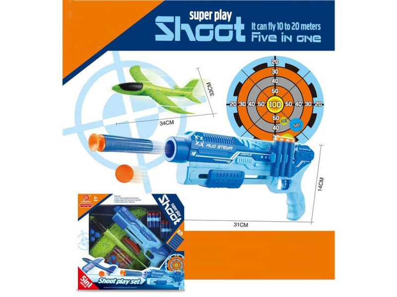 5-In-1 Multi-Functional Aircraft Gun (Blue + Green) Soft Ammunition X6, Eva Balls X6, Target X1, Aircraft X1, Gun X1, Instruction Manual X1