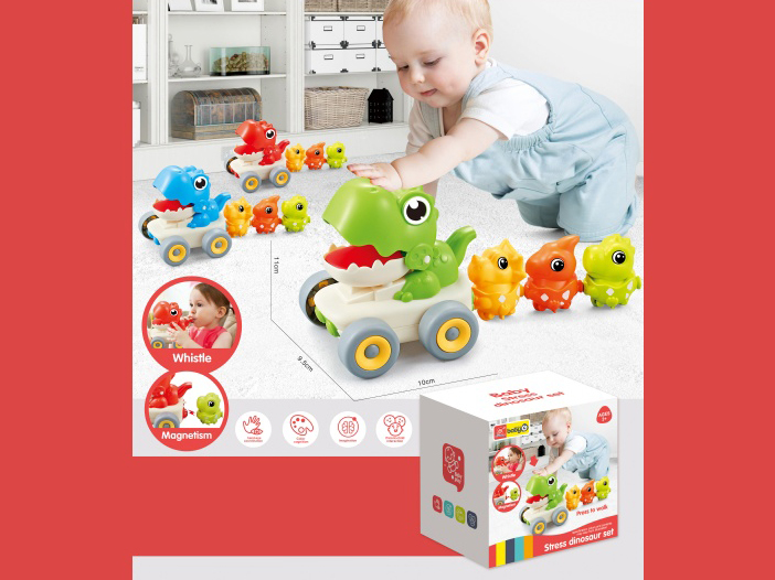 Press Forward Cartoon Dinosaur Car, Whistle To Pull Three Little Dinosaurs, Large And Small Dinosaurs Linked By Magnets, Press To Run, Parent-Child Interaction (Three-Color Mixed Package)