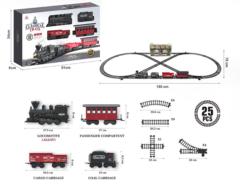 Rail Train Toy(Alloy Locomotive*1, ABS Train Compartments*3, Not Included Batteries)25pcs