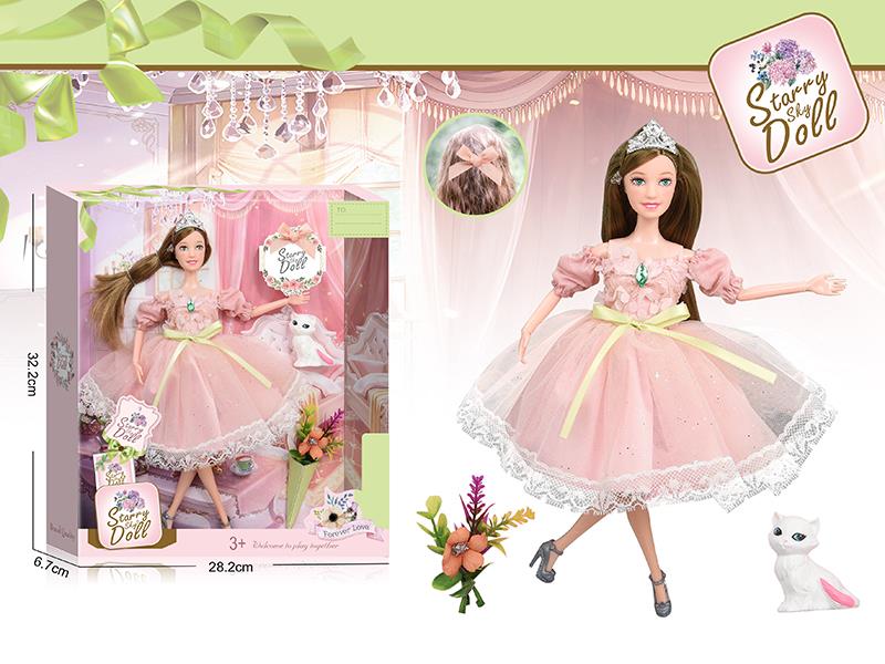 11.5 Inch 11-Joints Fashion Doll With Cat, Simulated Bouquet