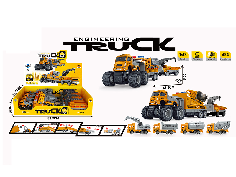 4WD Friction Alloy Double Trailer With Pull Back Engineering Truck(4PCS)