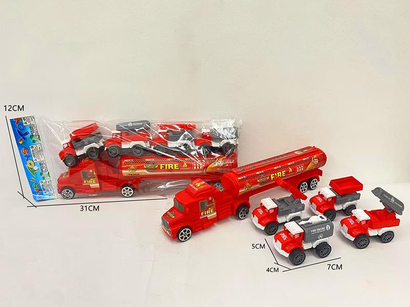 Friction Fire Control Container Car + 4 Pull Back Fire Engines
