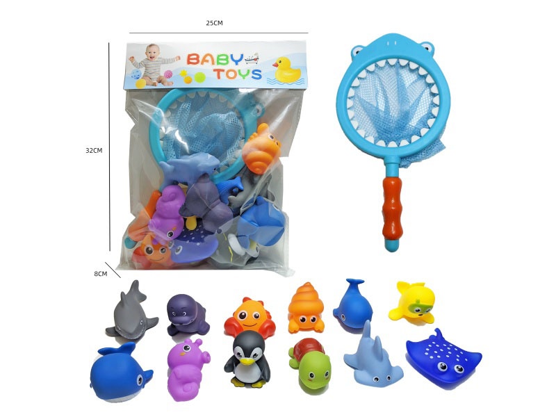 Shark Fishing Net + Soft Rubber Ocean Set (13-Piece Set) Cross-Border Bathroom Fish Fishing Toys, Bathing Toys, Fish Fishing And Bathing Toys, Water Play Children'S Rubber Animal Toys