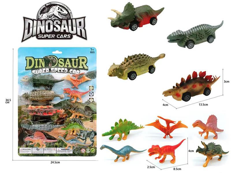 4 Pull Back Dinosaur Cars + 6 Dinosaurs