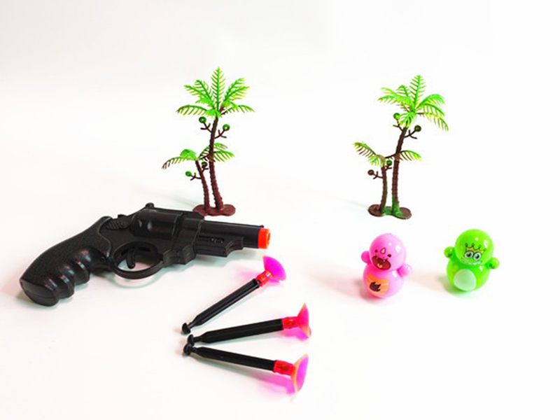 One Revolver Gun With Three Needles, Two Tumblers, Two Coconut Palms